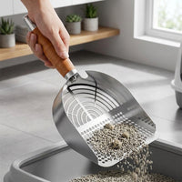 Cat Waste Scooper and Litter Sifter with Wood Handle, 304 Stainless Steel Litter Scooper for Clumping Tofu Mineral, Angled Deep Sifter Basket