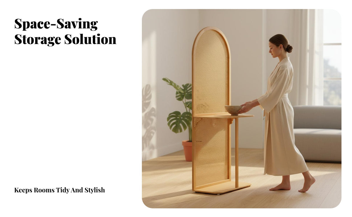 New Chinese design Freestanding Woven Panel Divider Built-in Shelves Room Partition Retro feel Display Stand Minimalist Aesthetic for Apartment Dwellers, Interior Designers, Office Workers, Entryway, Bedroom