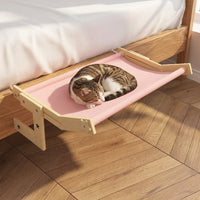 Cat Hammock Hanging Cat Bed with Wood Frame, Under-Bed Hook Window Hammock and Sleeping Location, Foldable Sunbathing Perch for Balcony Lounging