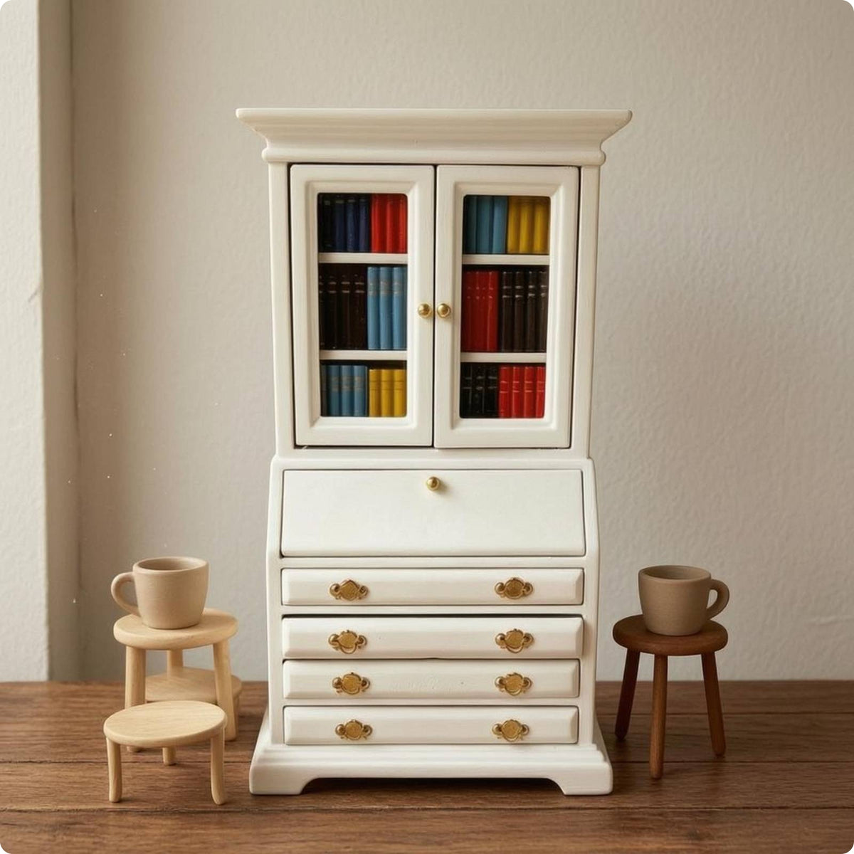 Miniature Bookcase Cabinet White Painted 1:12 Scale Cabinet Double-Door Mini Display Case