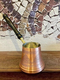 现货进口土耳其咖啡壶手工铜复古木柄葡萄花纹小型家用壶银色