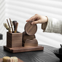 Walnut Wood Tea Set with Six Pieces and Coasters