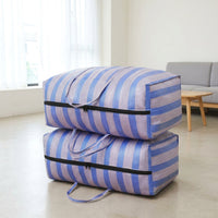 Sapphire and White Striped Laundry Bags, Heavy Duty Bags for Moving, Reusable Woven Polypropylene Storage with Zipper and Fabric Handles, 1 Pack