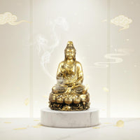 Peace Blessing Guanyin Statue Gold Finish Golden Guanyin Figurine Ornate Details Lotus Base Buddha Statue Traditional Chinese Design for Buddhist Believers, Office Desk