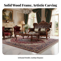 European Design Living Room Sofa Double-Sided Carving Ornate Solid Wood Sofa Elegant Design American Design Leather Couch for Hotel Owners, Adults
