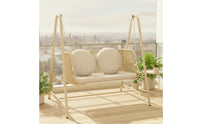 Cushioned Double Swing Chair Freestanding Hanging Chair with Stand Woven Hanging Loveseat Outdoor for Living Room
