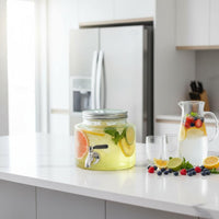 Large Capacity Glass Beverage Dispenser Spigot Wide Mouth Cold Drink Barrel Tap Easy to Clean Fruit Water Infusion Jar Food-Safe-Safe for Refrigerator, Home Bar, Parties, Buffets