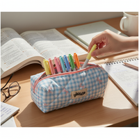 Cream Plaid Bowknot Pencil Case Portable Stationery Storage Bag for Students