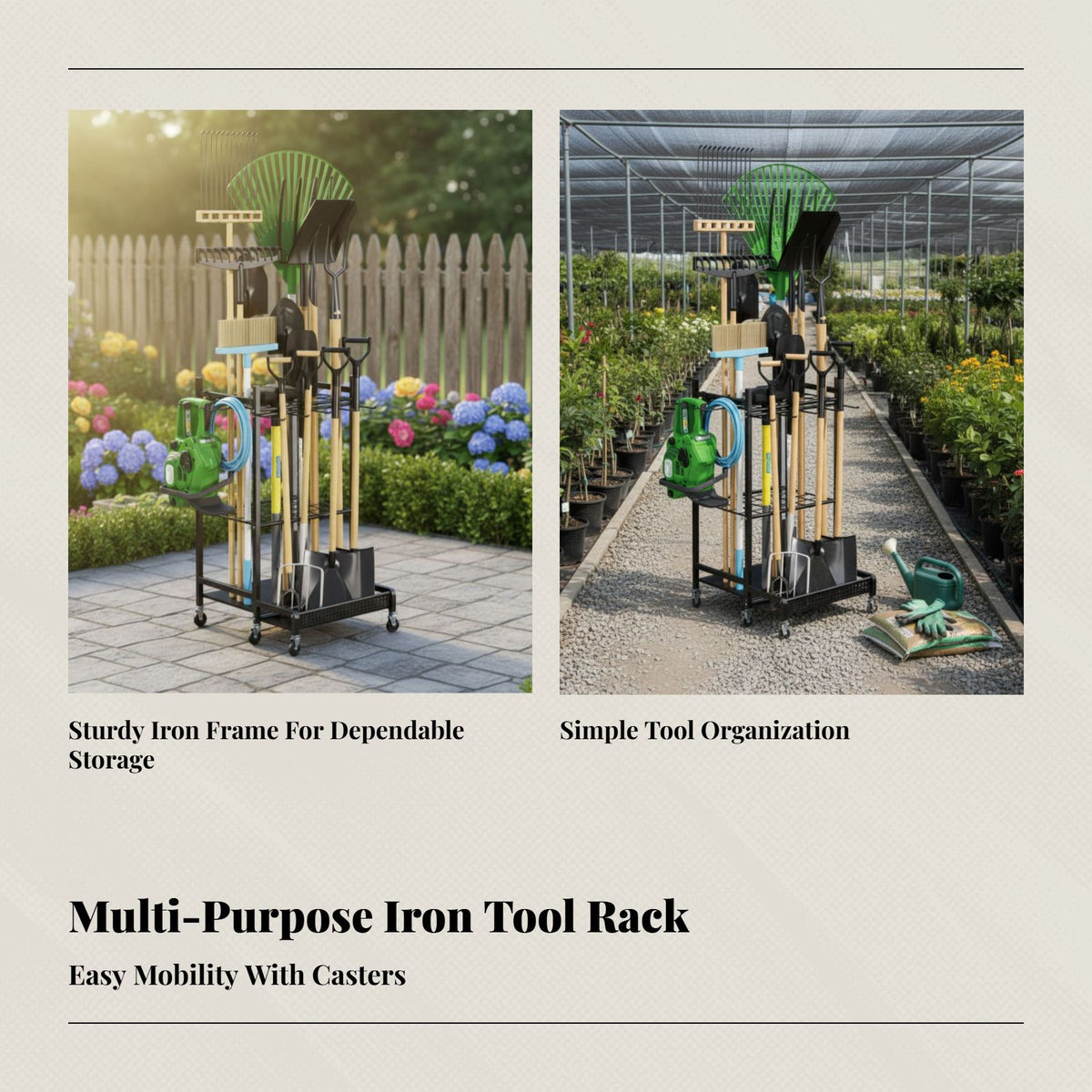 Garden Iron Tool Rack, Multi-Purpose Organizer, Hanging Hangers, Mobile Casters