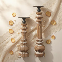 Wood Pillar Candle Stand Distressed Finish Rustic Wooden Candle Holder Vintage Wooden Candlestick Black Metal