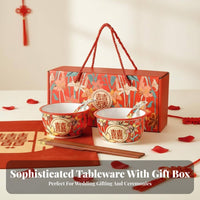 Ceramic Double Happiness Tableware Set, Red Wedding Bowl, Gift Box