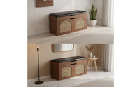 Padded Storage Bench with Rattan Doors Cushioned Entryway Bench with Cushion Sturdy Long-Lasting for Foyer