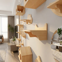 Climbing Tree for Indoor Cats, Solid Wood Wall-Mounted Shelf Set with Furniture Steps, Large Kitten Hammock and Scratching Surface, Space Saving