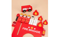 Wooden Fire Station Set Painted Fire Assist Toy Scene Bright Red Firefighter Figure Set for Kids