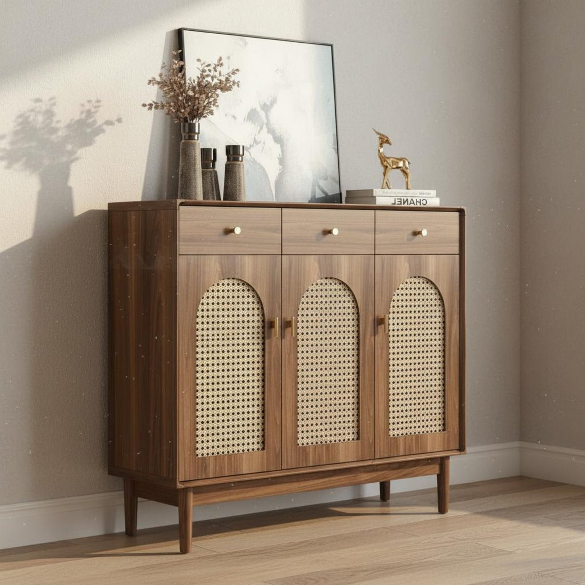 Rattan Footwear Storage Unit Retro Wooden Design Storage Cabinet with Drawers Large Capacity Entryway Shoe Storage Bench for Hallway, Living Room