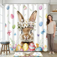4 Pieces Bunny Print Shower Curtain Set Waterproof Bunny Shower Curtain Set Decorative Home Textiles for Holiday Decorators, Homeowners, Apartment