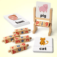 Wooden Reading Blocks Spelling Game with Cards, Montessori Rotating Letters Learning Toy for Preschool Boys and Girls