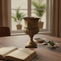 Pedestal Vase Antique-Vintage-Look Vase with Edge Embossed Urn with Square Base for Living Room