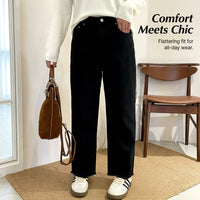 Women Jeans with Elastic Waist for Easy Pull-On, Straight Leg Stretch Denim Trousers for Casual Wear, Comfortable with Waistband