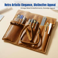 Retro Artistic Pen Roll, Genuine Leather, Premium Cowhide, Multi-Functional Organizer