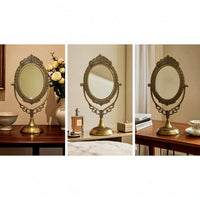 Vintage Brass Mirror with Pedestal Base Ornate Oval Vanity Mirror with Stand Gold-Toned Adjustable for Dressing Table, Bedroom