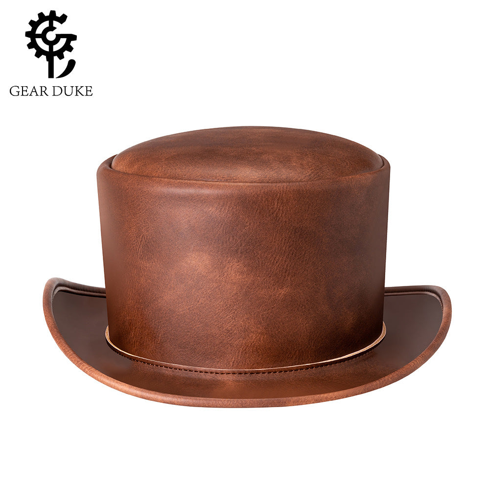 Medieval Knight Retro Hat Steampunk PU Leather Round Top Unisex Magic Hat Cosplay Prop