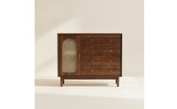 Retro Rattan Cabinet with Wooden Frame Woven Cane Door Sideboard Boho Storage Cabinet with Drawers Natural for Apartment