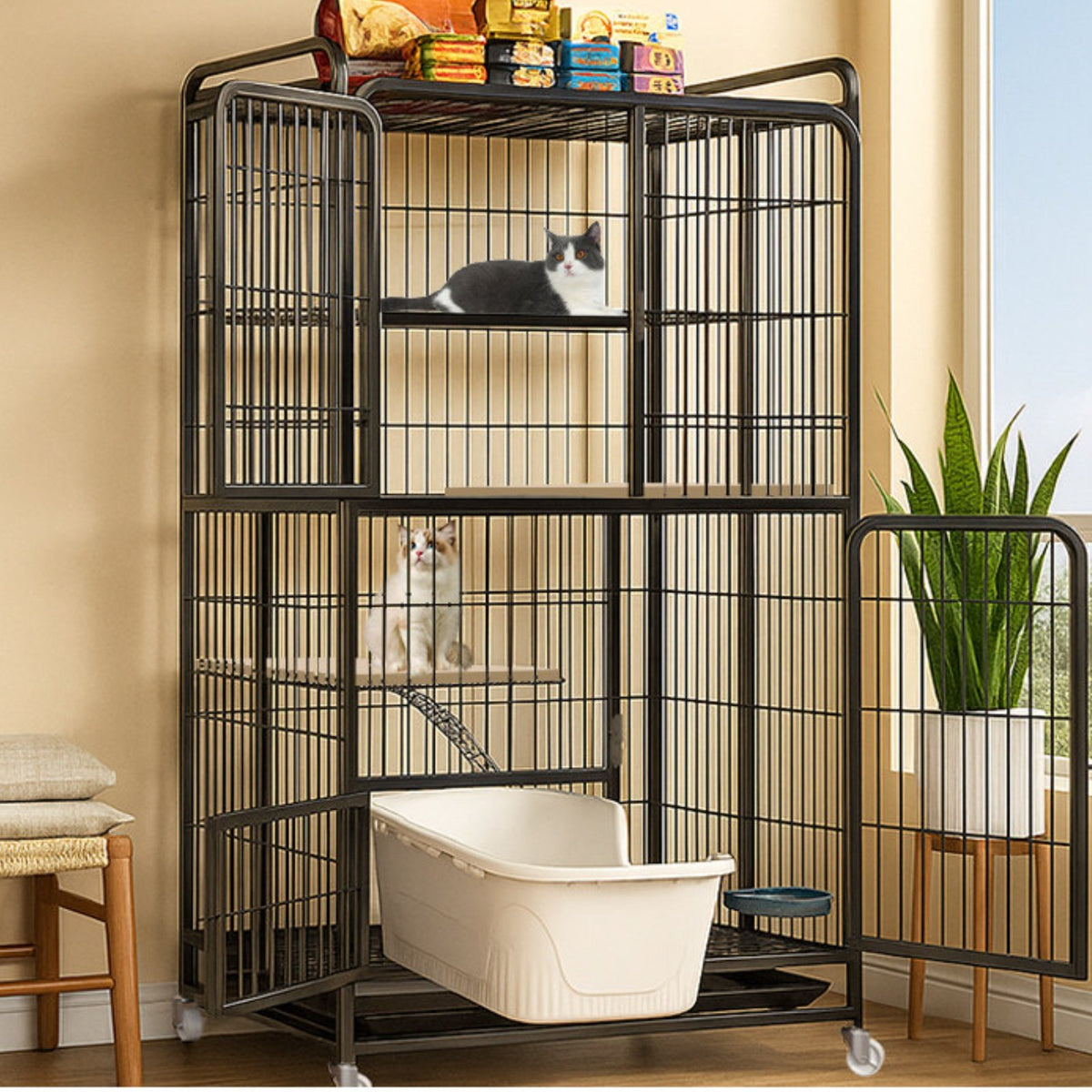 Cat Cage Litter Box Large Indoor Cat House Rolling Cat Playpen Waste Containment Unit Foldable Structure Secure Door Locks Suitable for Gift Giving Home Decoration