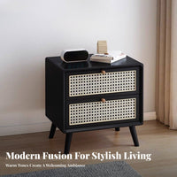Bedside Cabinet with Rattan Drawer Japanese design End Table Woven Front