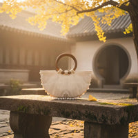 Woven Bag with Wooden Handle Textured Handmade Purse Semi-Circular Handbag Beaded Shell Embellished Bag Artisanal for Women