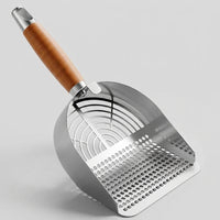 Cat Waste Scooper and Litter Sifter with Wood Handle, 304 Stainless Steel Litter Scooper for Clumping Tofu Mineral, Angled Deep Sifter Basket