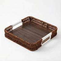 Square Tray with Handles Low-Rise Wood and Rattan Tray Sturdy for Homeowners