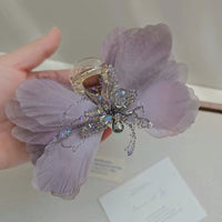 Romantic Purple Tulle Bow Hair Clip with Crystal Craftsmanship - Elegant Shark Clip