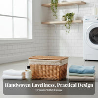 Lidded Wicker Basket Multi-Purpose Woven Hamper with Lid Removable Liner