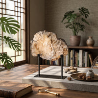 Stone Slice Ornament with Stand Organic Tabletop Sculpture with Metal Stand Rustic Elegance Decorative Stone Slice for Entryway, Living Room, Study