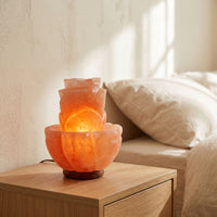 Warm Lotus Mineral Lamp Carved Mineral Lamp with Wooden Base Ambient Night Light Natural for Bedside, Bedroom
