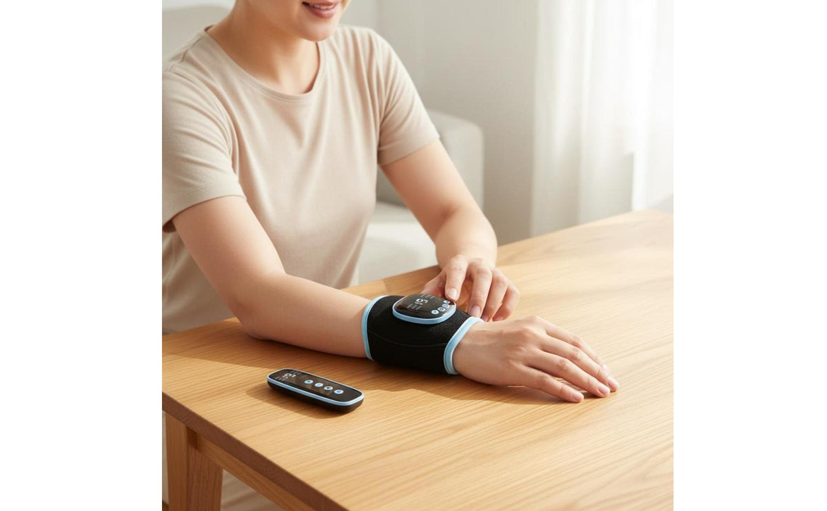 Heated Massage EMS Heating Wrist Brace Multi-Part Use Electric Pulse Arm Massager Rechargeable Wireless Joint Massager 9 Modes & 19 Intensity Levels for Athletes, Post-Workout, Travel, Office