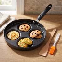 4 Cup Egg Pan with Brush Four-Hole Egg Frying Pan with Multiple-Well Skillet for Home Cooks, Busy Parents, Breakfast, Meal Prep, Kitchen