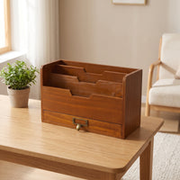 Wooden Desk Organizer with Drawer Multi-Compartment Desktop File Holder