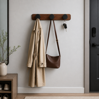 Chinese Style Walnut Wood Wall Mounted Coat Rack with Hooks, No-Drill Installation, 5-10kg Load Bearing for Entryway & Wardrobe