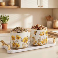 3 Pieces Ceramic Tea Canister Wood Lid Cookie Jar Farmhouse Design