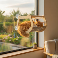 Sturdy Wood Cat Bed, Glass Suction Hanging Shelf, Balcony Sun Bed