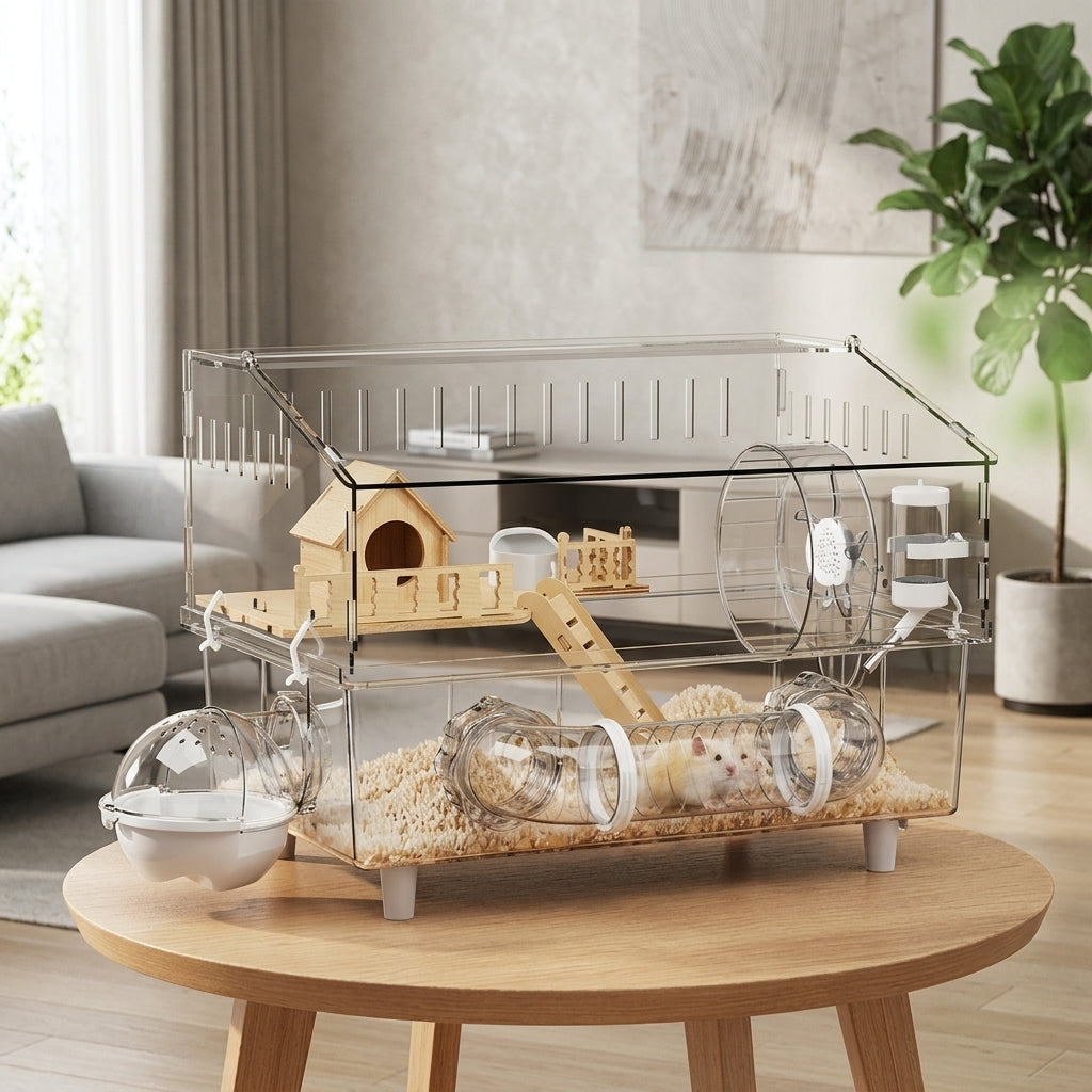 Large Hamster Cage with House Shape, Clear Acrylic Hamster House for Dwarf Hamsters, Easy to Clean Indoor Transparent Acrylic Hamster Cage