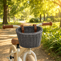 Rattan-Style Front Bike Basket Handlebar-Mount Woven Bike Basket Adjustable Strap-on for Children, Toddlers, Balance Bikes