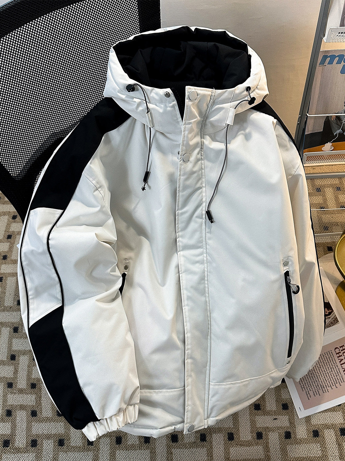 日系潮牌基础撞色连帽羽绒棉服男女同款冬季宽松加厚情侣棉袄外套