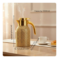 Double Walled Rhinestone Thermal Pot Long-Lasting Heat Preservation Sparkling Insulated Tea Pot Leak-Proof Crystal Studded Coffee Carafe Included for Office, Parties, Events