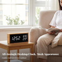 Humidity Display Bamboo Alarm Clock Battery Backup Desktop Alarm Clock USB Charging Home Gadget Dimmable