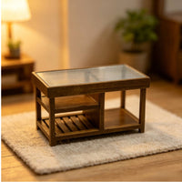 Wood-Grain Dollhouse Table with Shelves Realistic Miniature Living Room Table Decorative Furniture Compact for Photography Props