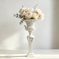 European Vintage Roman Column Vase White Relief Double Ear Tall Foot Resin Wedding Flower Arrangement Ornament