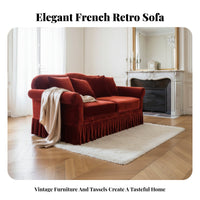 French Inspired Skirted Velvet Sofa Sumptuous Upholstery Upholstered Couch Designer Piece Living Room Furniture Vintage Aesthetic for Interior Designers, Homeowners, Families, Lounge, Boutique Hotel, Apartment, Reception Area